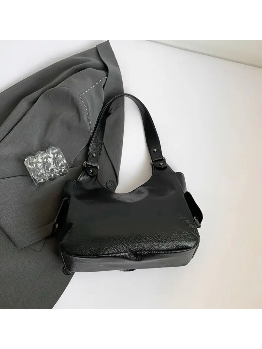 New -Chic -Vintage Inspired Y2K Faux Leather Shoulder Bag w/Cross Accents -Black - Picture 4 of 7